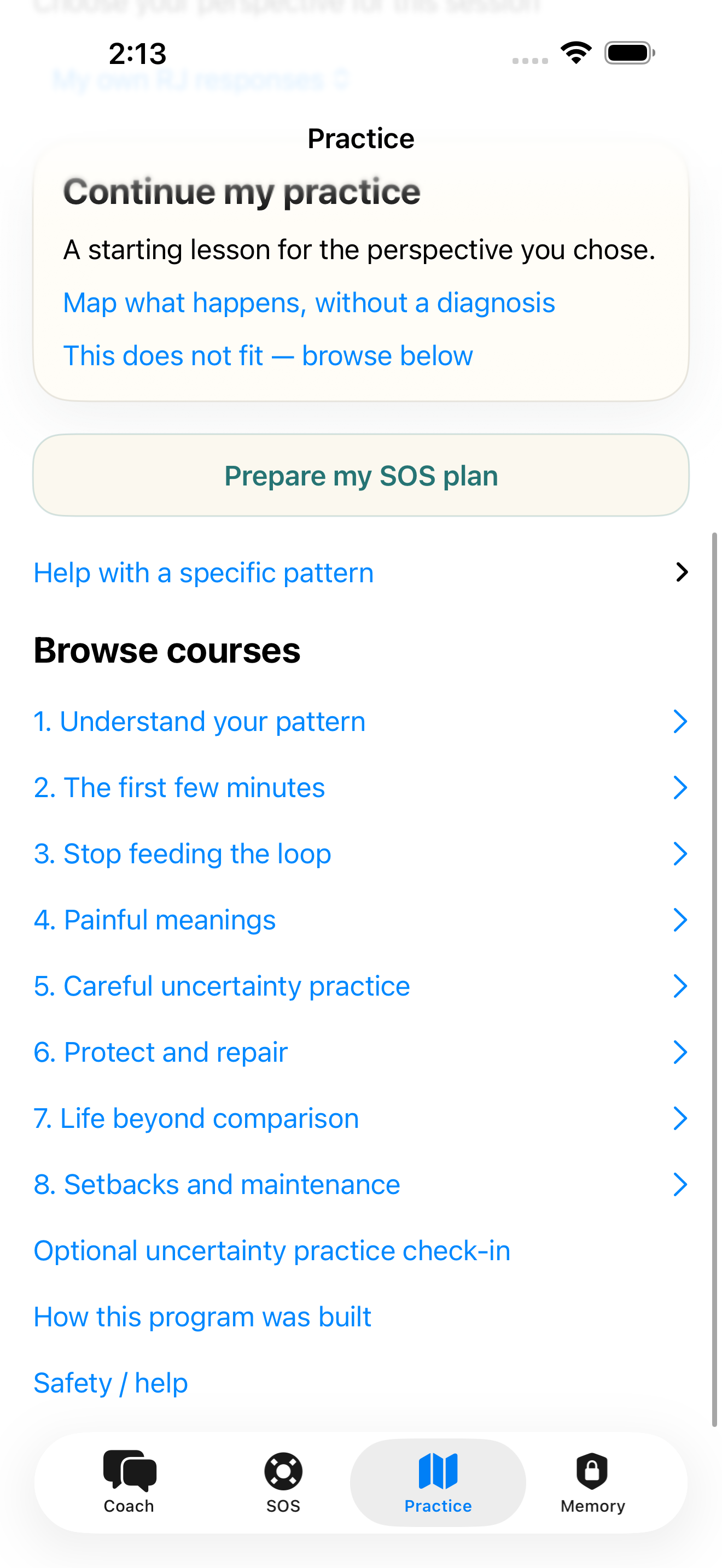 Untangle’s eight-course path, from Understand your pattern through Setbacks and maintenance, with a link to prepare an SOS plan.